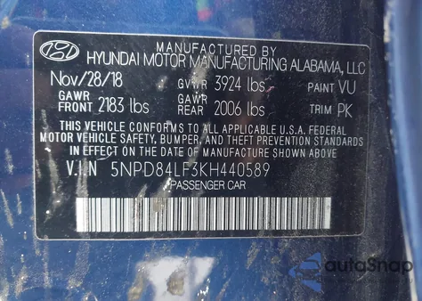 2019 Hyundai Elantra Sel z USA, uszkodzony, nr VIN 5NPD84LF3KH440589